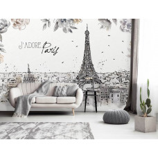 Fototapete mit malerischen Straßen von Paris und dem Eiffelturm. Diese Fototapete bringt einen eleganten und klassischen Look in ein Wohnzimmer.