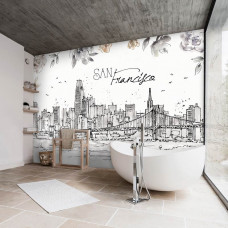 Fototapete mit San Francisco und der Golden Gate Bridge in weichen, malerischen Tönen. Diese Fototapete schafft ein ruhiges Ambiente im Badezimmer.