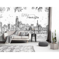 Fototapete mit der Golden Gate Bridge und der Skyline von San Francisco in malerischem Stil. Diese Fototapete bringt einen modernen und einzigartigen Look in ein Wohnzimmer.