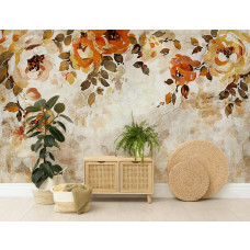 Eine Fototapete mit malerischen Blumen an einer Betonwand mit roten Pfingstrosen in einem Geschäftsraum.