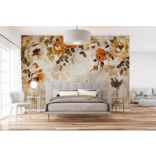 Eine Fototapete mit malerischen Blumen an einer Betonwand mit roten Pfingstrosen in einem Schlafzimmer.