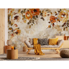 Eine Fototapete mit malerischen Blumen an einer Betonwand mit roten Pfingstrosen in einem Wohnzimmer.