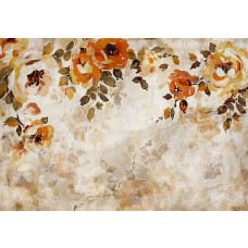 Eine Fototapete mit malerischen Blumen an einer Betonwand mit roten Pfingstrosen.