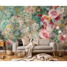 Eine Fototapete von malerischer floraler Schönheit im Kunststil mit Blumen im Wohnzimmer.