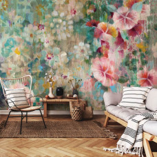 Eine Fototapete von malerischer floraler Schönheit im Kunststil mit Blumen auf Vliestapete im Wohnzimmer.