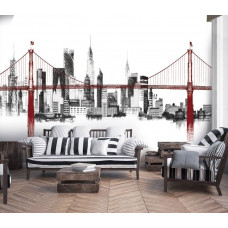 Fototapete mit einer eleganten Brücke und einer atemberaubenden Skyline. Diese Fototapete verleiht einem Wohnzimmer einen einzigartigen und modernen Look.