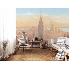 Fototapete mit dem Empire State Building in New York in sanften Pastell- und Rosatönen. Diese Fototapete verleiht einem Wohnzimmer einen raffinierten Look.