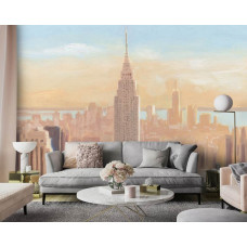 Fototapete mit dem Empire State Building in Pink- und Pastellfarben. Eine beeindruckende Wahl für ein modernes Wohnzimmer.