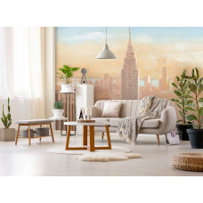 Fototapete mit einer sanften Darstellung des Empire State Buildings in New York in Pastell- und Rosatönen. Diese Fototapete bringt Ruhe und Eleganz in ein Wohnzimmer.