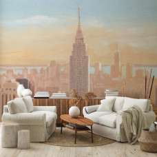 Fototapete mit einem malerischen Empire State Building in New York in rosa Pastellfarben. Diese Fototapete verleiht einem Wohnzimmer eine einzigartige und romantische Note.