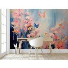 Eine Fototapete von malerischen Mohnblumen und Schmetterlingen in Blumen in einem Büro.