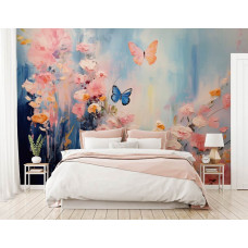 Eine Fototapete von malerischen Mohnblumen und Schmetterlingen in Blumen in einem Schlafzimmer.