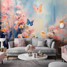 Eine Fototapete von malerischen Mohnblumen und Schmetterlingen in Blumen in einem Wohnzimmer mit Vliestapete.