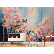 Eine Fototapete von malerischen Mohnblumen und Schmetterlingen in Blumen in einem Wohnzimmer.