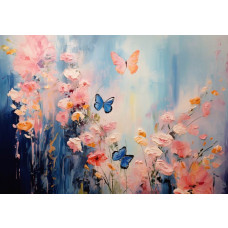 Eine Fototapete von malerischen Mohnblumen und Schmetterlingen in Blumen.