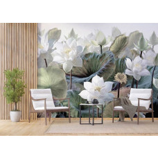 Eine Fototapete mit malerischen Lotusblumen in einem Geschäftsraum.