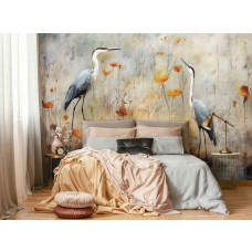 Eine Fototapete mit malerischen Reihern am See im Kunststil, mit Vögeln und Natur für das Wohnzimmer und Schlafzimmer.