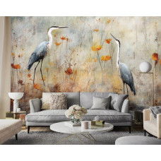 Eine Fototapete mit malerischen Reihern am See im Kunststil, mit Vögeln und Natur für das Wohnzimmer.