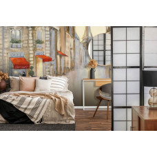 Fototapete mit malerischen Straßen von Paris und dem Eiffelturm. Diese Fototapete schafft ein friedliches Ambiente in einem Schlafzimmer.