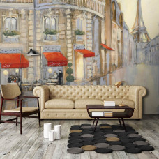 Fototapete mit dem kultigen Eiffelturm und charmanten Straßen von Paris. Diese Fototapete bringt ein einzigartiges, romantisches Gefühl in ein Wohnzimmer.