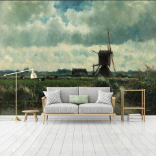 Eine Malerei Fototapete der Mühle in einer Landschaft Design für das Wohnzimmer.