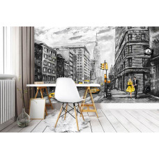 Eine Fototapete einer abstrakten New Yorker Skyline, geeignet für ein Schlafzimmer.