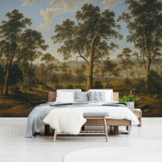 Eine Malerei Fototapete eines Waldes für das Schlafzimmer.