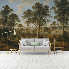 Eine Malerei Fototapete eines Waldes für das Wohnzimmer.