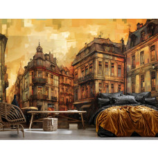 Eine Fototapete mit einem Gemälde einer alten Stadt in Vintage-Kunststil mit Ölfarben in einem Schlafzimmer.
