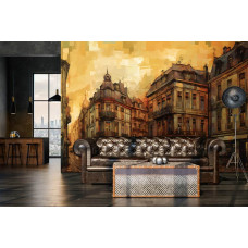 Eine Fototapete mit einem Gemälde einer alten Stadt in Vintage-Kunststil mit Ölfarben auf Vliestapete in einem Wohnzimmer.