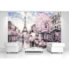 Eine Fototapete mit abstrakter Kunst des Eiffelturms, ideal für ein Wohnzimmer.