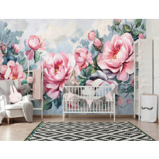 Eine Fototapete mit Pfingstrosen in einem malerischen Design, geeignet für ein Kinderzimmer.