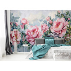 Eine Fototapete mit Pfingstrosen in einer künstlerischen Komposition, perfekt für ein Schlafzimmer.