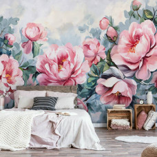 Eine Fototapete mit einem Gemälde von Pfingstrosen in einem künstlerischen Design, bedruckt auf Vliesbehang, ideal für ein Schlafzimmer.