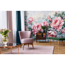 Eine Fototapete von einem Gemälde von Pfingstrosen, passend für ein Wohnzimmer.