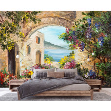 Eine Fototapete mit einem Gemälde des romantischen Italiens mit einer ruhigen Atmosphäre in einem Schlafzimmer.