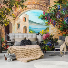 Eine Fototapete mit einem Gemälde des romantischen Italiens im Vliestapetenstil für ein Schlafzimmer.