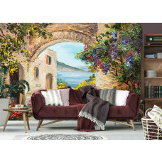 Eine Fototapete mit einem Gemälde des romantischen Italiens im Vliestapetenstil für ein Wohnzimmer.