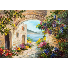 Eine Fototapete mit einem Gemälde der romantischen Landschaft in Italien, mit einer idyllischen Umgebung.