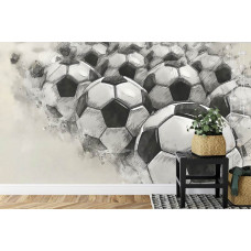 Fototapete mit einem Gemälde von Fußbällen in einem Kinderzimmer.