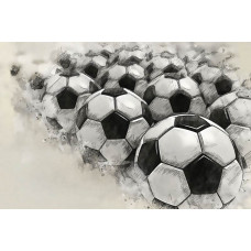 Fototapete mit einem künstlerischen Gemälde von Fußbällen in verschiedenen Positionen, dargestellt in einer dynamischen Komposition.
