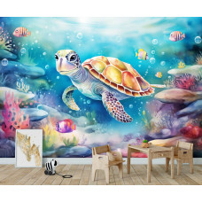 Eine Fototapete mit einer Schildkröte im Meer, mit Ozean, Fischen und einer Unterwasserwelt im Jungenzimmer im Kinderzimmer.