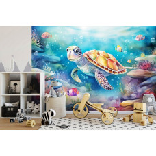 Eine Fototapete mit einer Schildkröte im Meer, mit Ozean, Fischen und einer Unterwasserwelt im Kinderzimmer.
