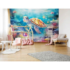 Eine Fototapete mit einer Schildkröte im Meer, mit Ozean, Fischen und einer Unterwasserwelt im Mädchenzimmer im Kinderzimmer.