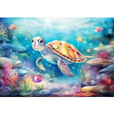 Kinderzimmer-Tapete mit einer Schildkröte, die durch eine Unterwasserwelt schwimmt, umgeben von Fischen und Ozeandetails.