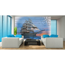 Eine Fototapete mit einem Schiff auf Holz mit einer maritimen Atmosphäre.