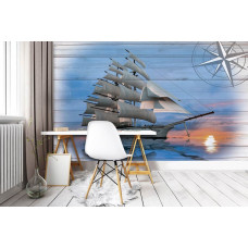 Eine Fototapete mit einem Schiff auf einem hölzernen Hintergrund in einem maritimen Thema, geeignet für ein Büro.