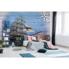 Eine Fototapete mit einem Hintergrund aus Holzplanken und einem Schiff im maritimen Stil, geeignet für ein Schlafzimmer.