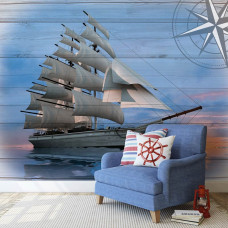 Eine Fototapete mit einem Schiff und Holzplanken im maritimen Stil für ein Wohnzimmer.