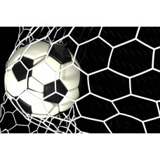 Fototapete mit einem Fußball, der brillant im Tor landet, eingefangen im Moment des Torerfolgs im Spiel.